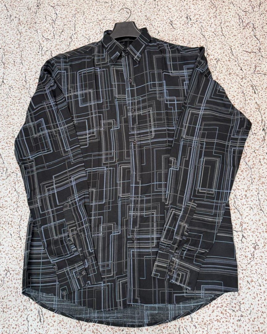 Black Geometric Line Print Casual Button-Down Shirt