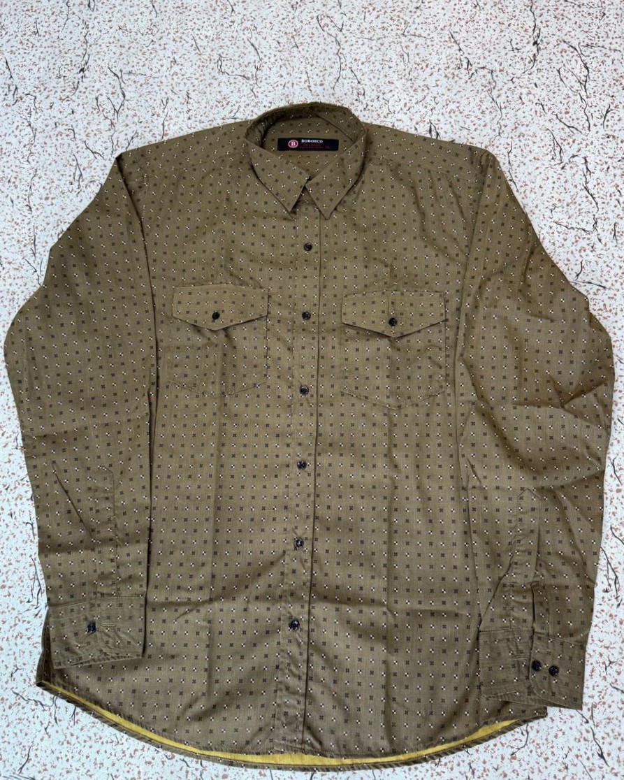 Olive Brown Geometric Micro Printed Casual Button-Down Shirt