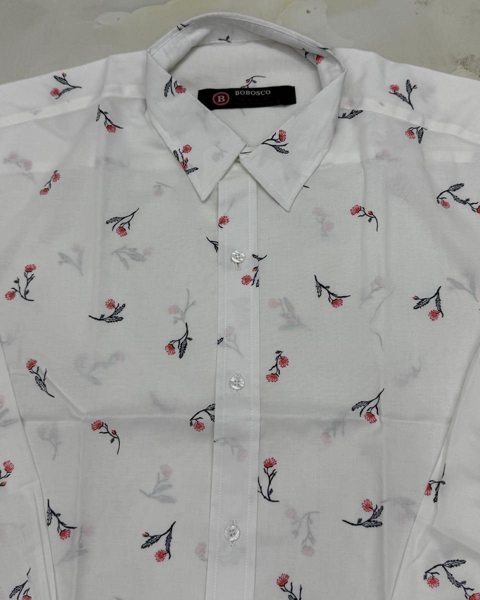 White Floral Motif Casual Button-Down Shirt