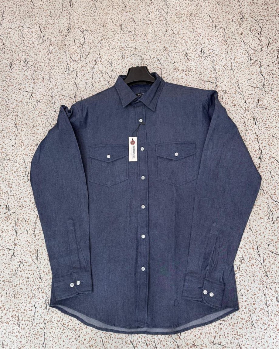 Navy Blue Denim-Look Casual Button-Down Shirt